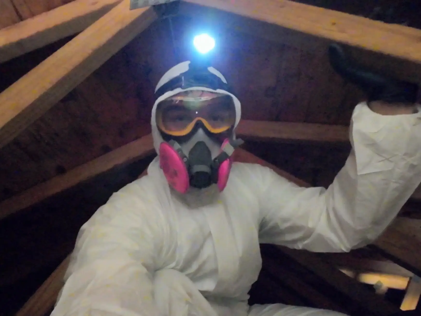 Go On, Git! technician in full PPE performing an attic inspection